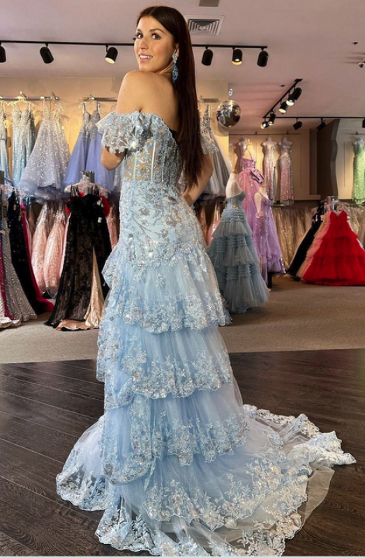 Glitter Sequins Off-the-shoulder Tulle Split Front Corset A-Line Evening Dresses