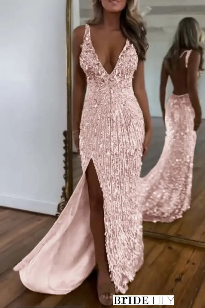 Glitter Sequins Sleeveless V Neck Prom Dress Long with Split