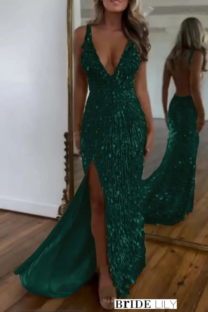 Glitter Sequins Sleeveless V Neck Prom Dress Long with Split