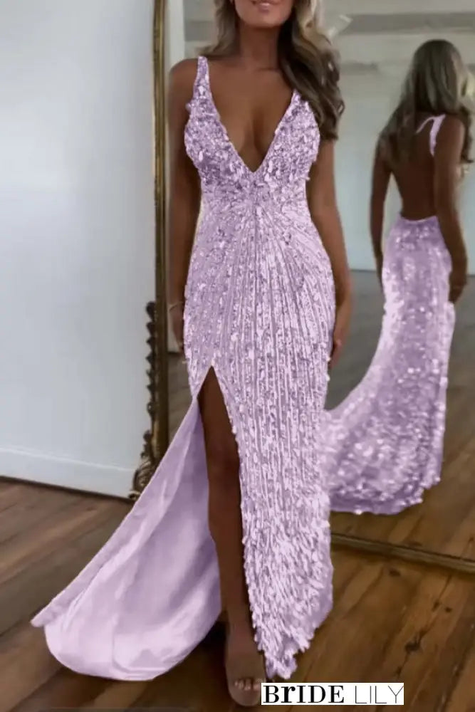 Glitter Sequins Sleeveless V Neck Prom Dress Long with Split
