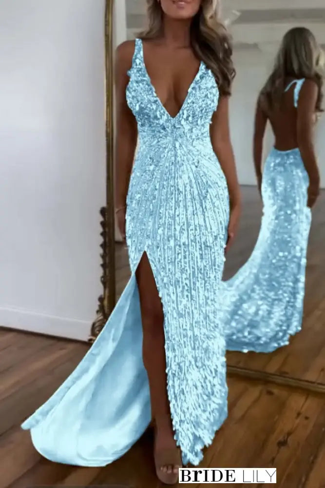 Glitter Sequins Sleeveless V Neck Prom Dress Long with Split
