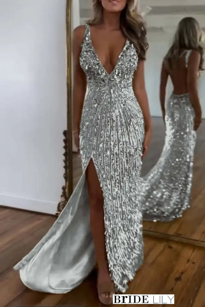 Glitter Sequins Sleeveless V Neck Prom Dress Long with Split