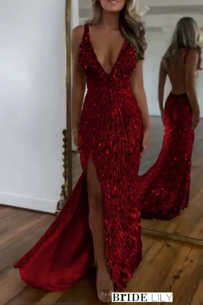 Glitter Sequins Sleeveless V Neck Prom Dress Long with Split