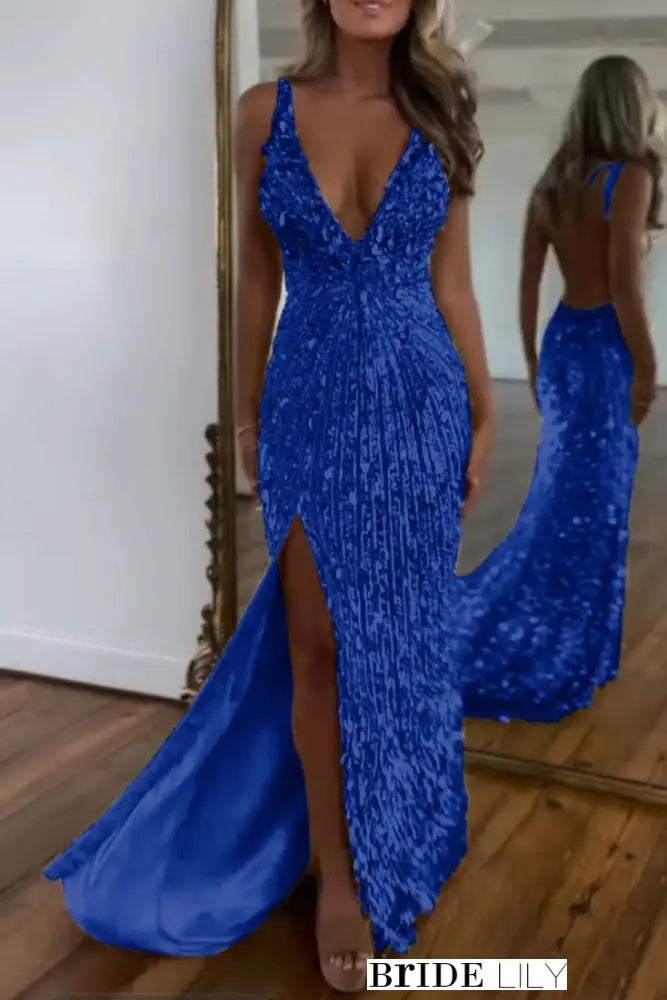 Glitter Sequins Sleeveless V Neck Prom Dress Long with Split