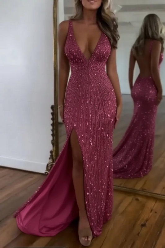 Glitter Sequins Sleeveless V Neck Prom Dress Long with Split