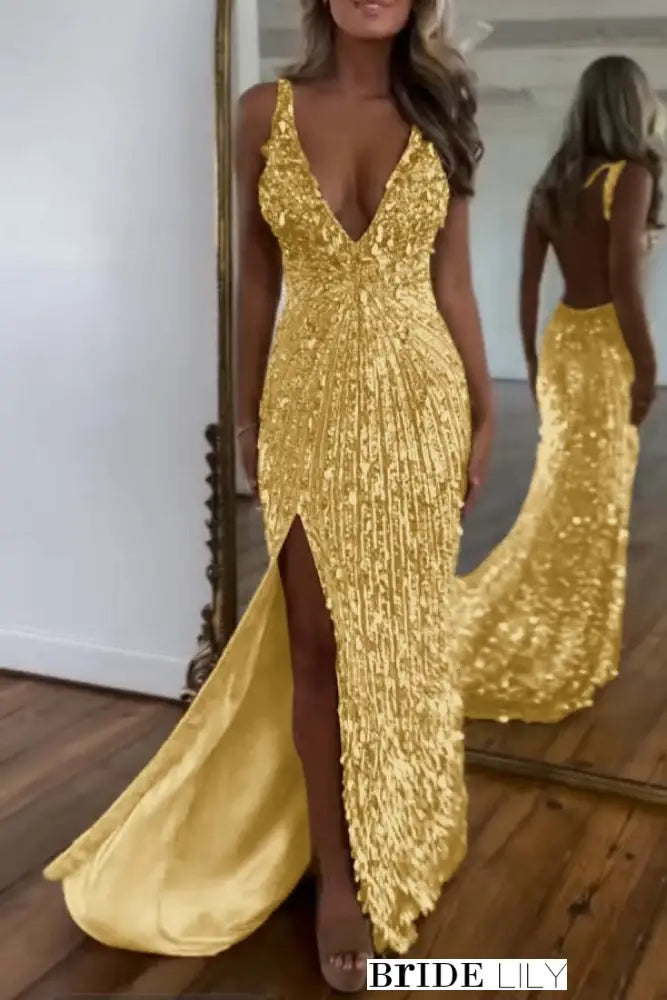 Glitter Sequins Sleeveless V Neck Prom Dress Long with Split