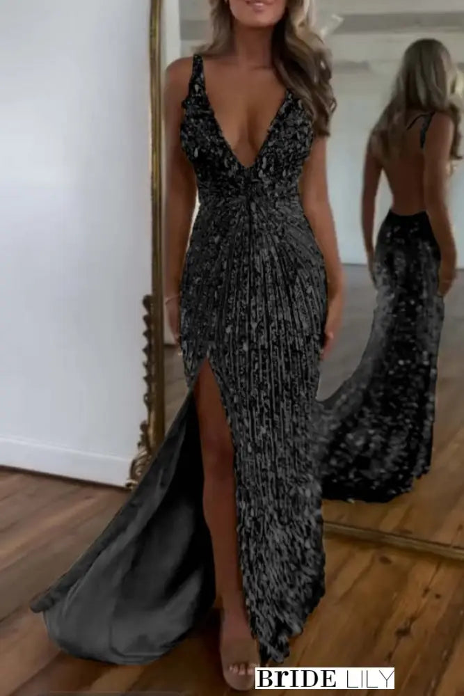 Glitter Sequins Sleeveless V Neck Prom Dress Long with Split