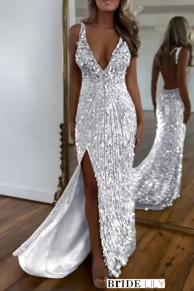 Glitter Sequins Sleeveless V Neck Prom Dress Long with Split