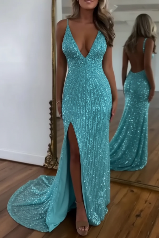 Glitter Sequins Sleeveless V Neck Prom Dress Long with Split