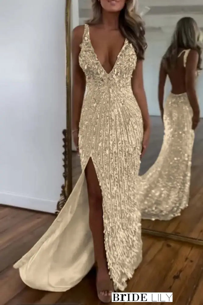 Glitter Sequins Sleeveless V Neck Prom Dress Long with Split