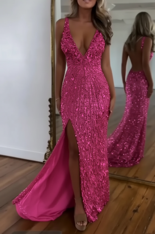 Glitter Sequins Sleeveless V Neck Prom Dress Long with Split