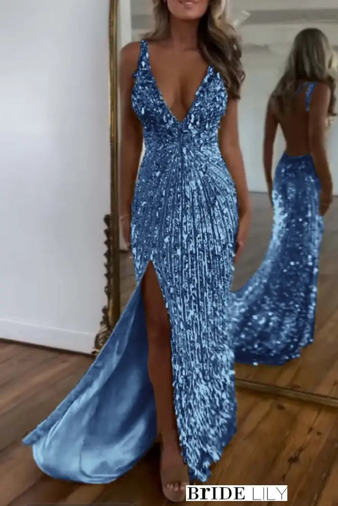 Glitter Sequins Sleeveless V Neck Prom Dress Long with Split