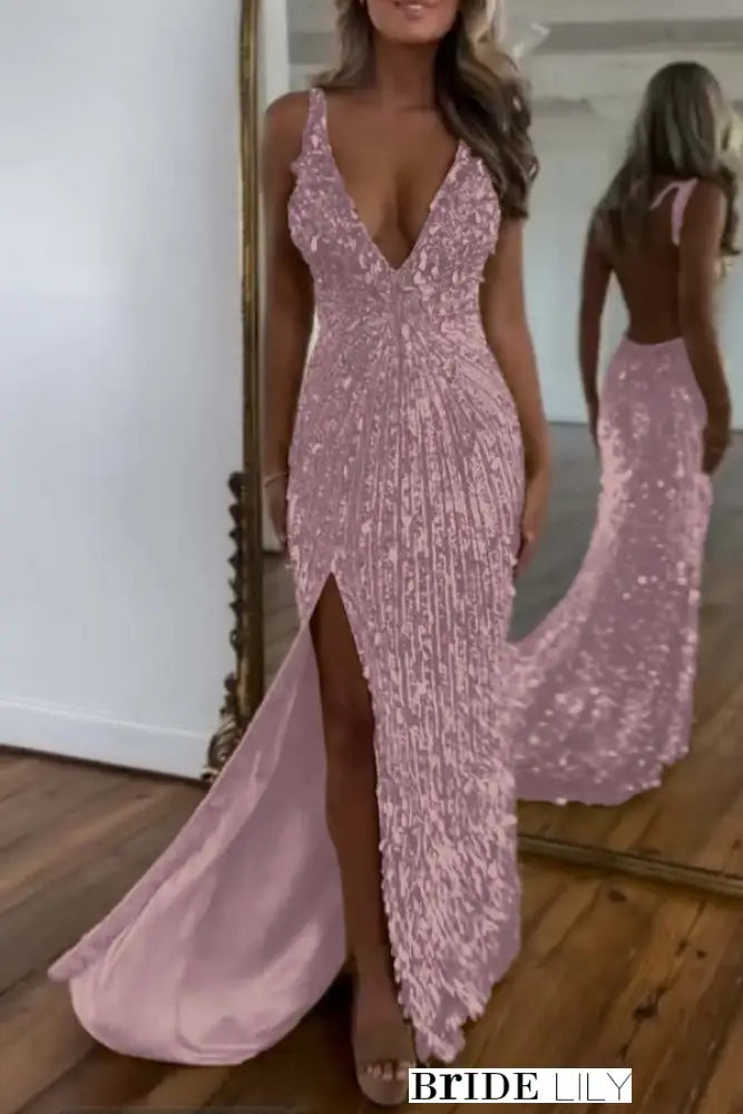 Glitter Sequins Sleeveless V Neck Prom Dress Long with Split