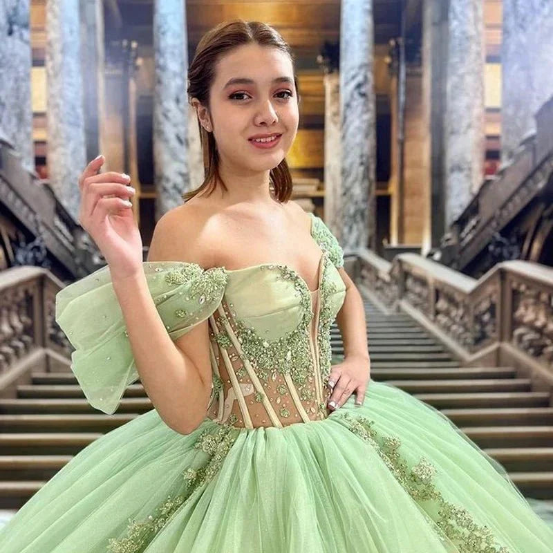 Sage Green Off Shoulder Beading Floral Appliqué Quinceanera Dress