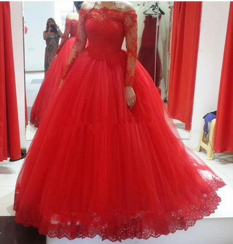 Glorious Excellent Sleek Red Long Sleeve Off-the-shoulder Lace Wedding Dress Ball Gown Quinceanera Dresses