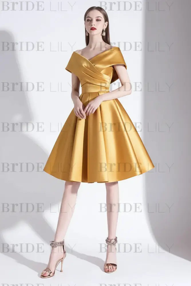 Off-the-Shoulder Knee-Length Evening Dress A-Line V-Neck Pleated Satin Cocktail Dress Little Black Dress