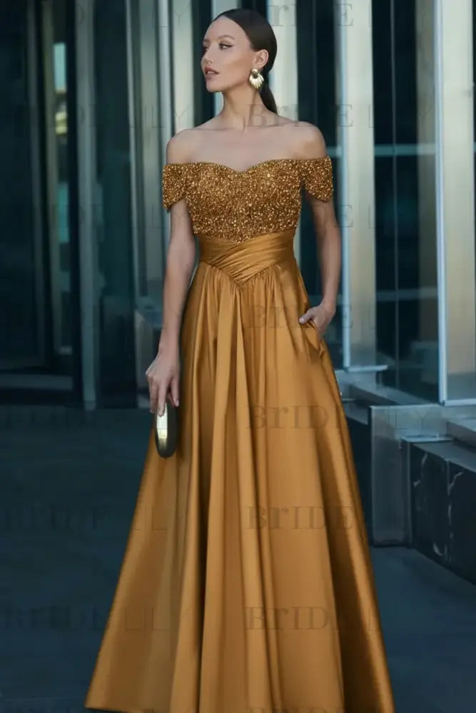 Off-the-Shoulder Dark Green Satin Aline Formal Dress with Beadings