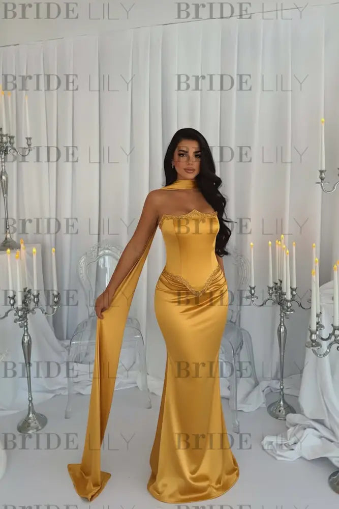 Stunning Satin Mermaid Prom Dress Beadings with Wrap
