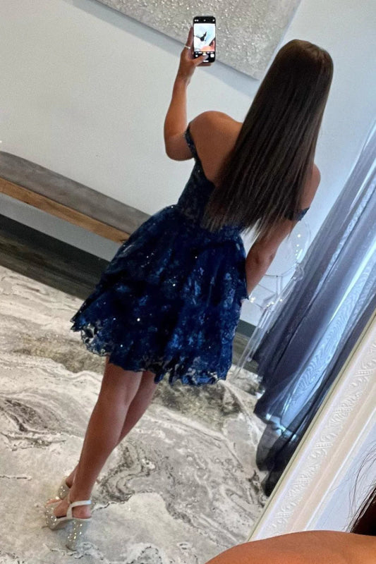 Golden A-Line Tiered Lace Short Homecoming Dress Off-the-Shoulder Prom Dress