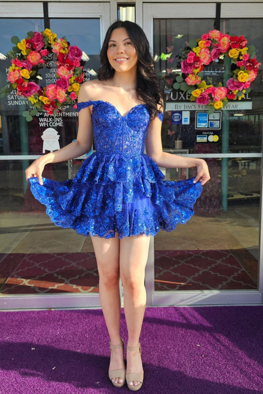 Golden A-Line Tiered Lace Short Homecoming Dress Off-the-Shoulder Prom Dress
