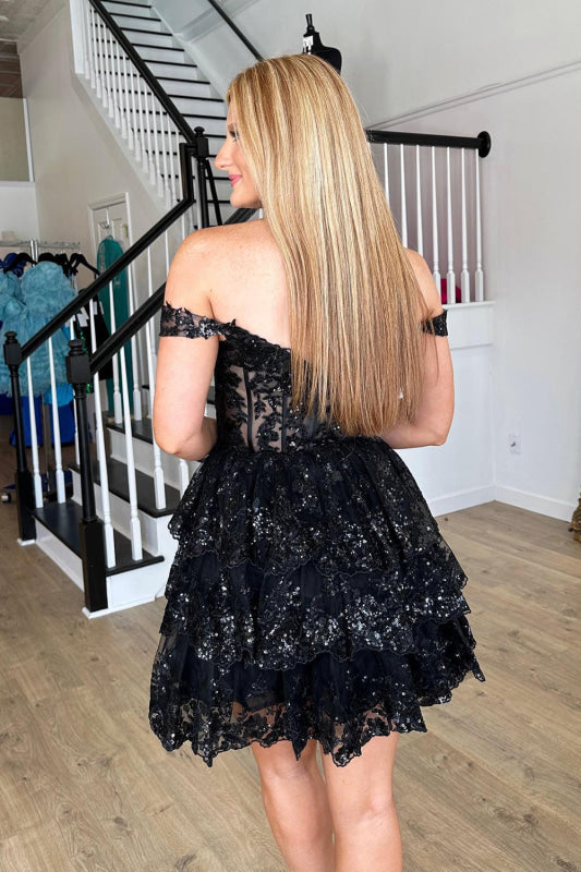 Golden A-Line Tiered Lace Short Homecoming Dress Off-the-Shoulder Prom Dress
