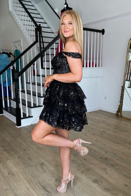 Golden A-Line Tiered Lace Short Homecoming Dress Off-the-Shoulder Prom Dress