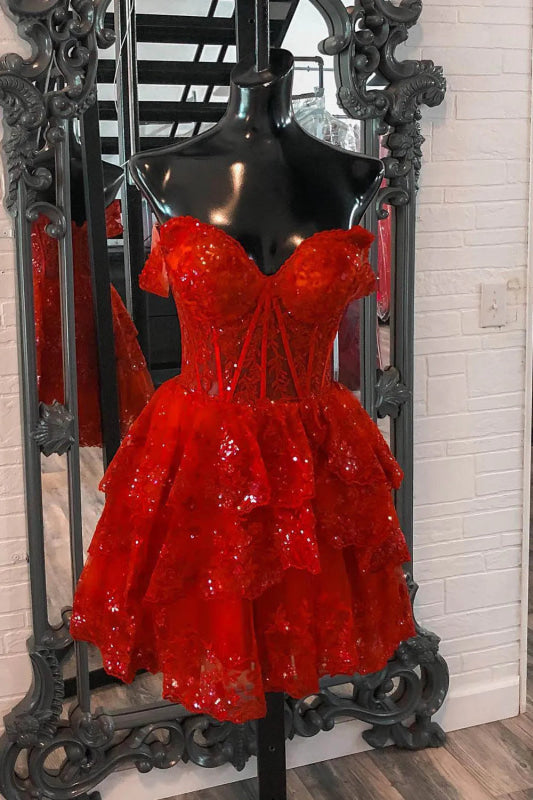 Golden A-Line Tiered Lace Short Homecoming Dress Off-the-Shoulder Prom Dress