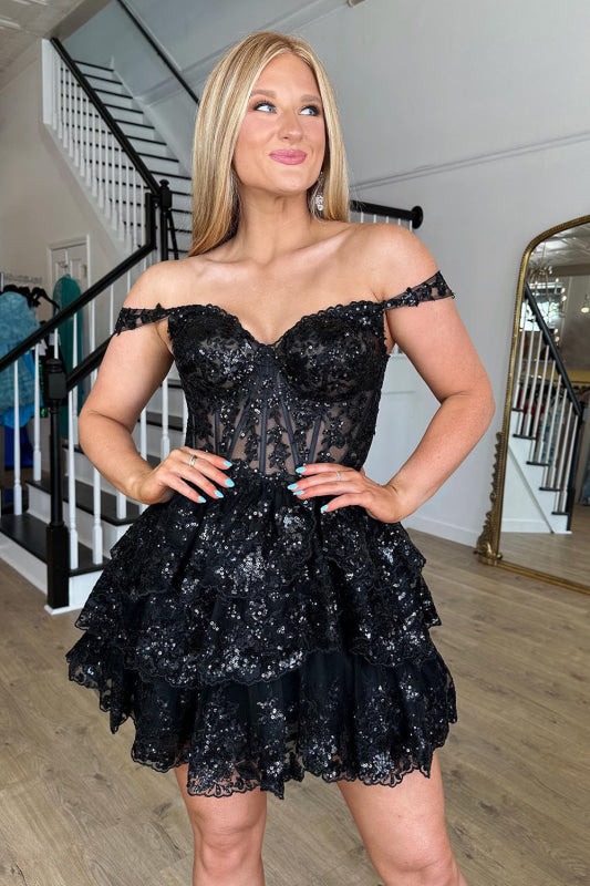 Golden A-Line Tiered Lace Short Homecoming Dress Off-the-Shoulder Prom Dress