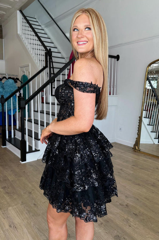 Golden A-Line Tiered Lace Short Homecoming Dress Off-the-Shoulder Prom Dress