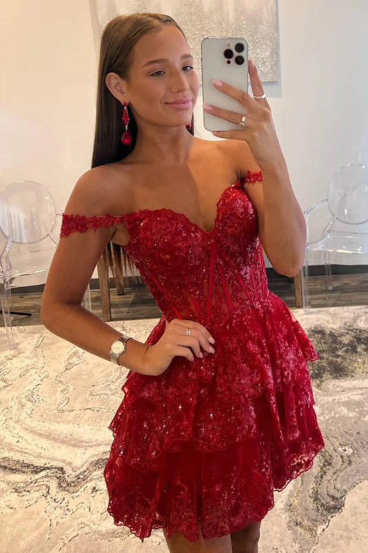 Golden A-Line Tiered Lace Short Homecoming Dress Off-the-Shoulder Prom Dress