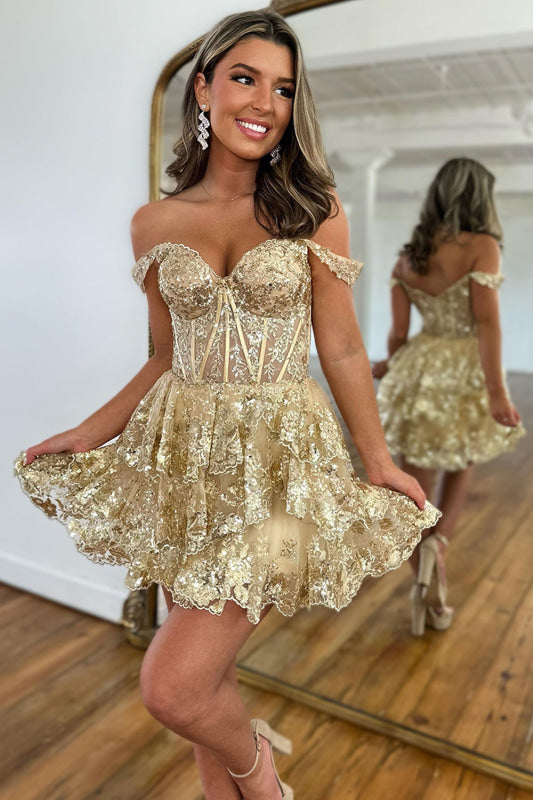 Golden A-Line Tiered Lace Short Homecoming Dress Off-the-Shoulder Prom Dress