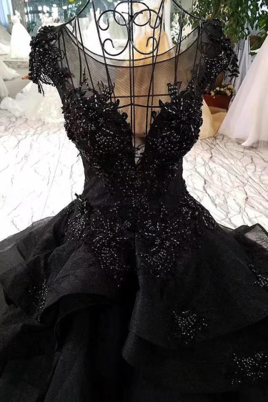 Gorgeous Black Ball Gown Cap Sleeves Long Wedding Dress