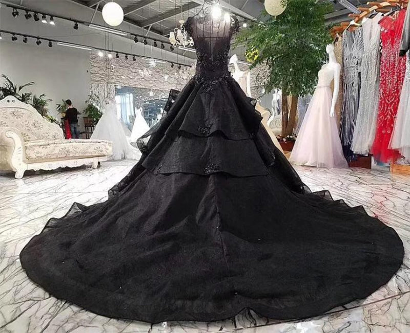 Gorgeous Black Ball Gown Cap Sleeves Long Wedding Dress