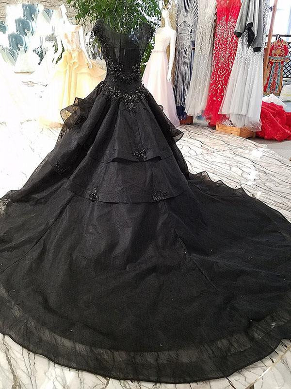 Gorgeous Black Ball Gown Cap Sleeves Long Wedding Dress