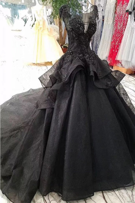 Gorgeous Black Ball Gown Cap Sleeves Long Wedding Dress