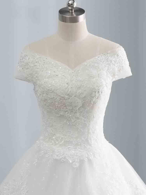 Gorgeous Cap Sleeves Sequins Lace-Up Ball Gown Wedding Dresses