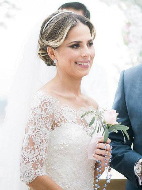 Elegant Wave Detail Half Sleeve Lace A-Line Wedding Dress
