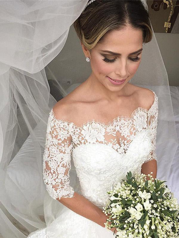 Elegant Wave Detail Half Sleeve Lace A-Line Wedding Dress