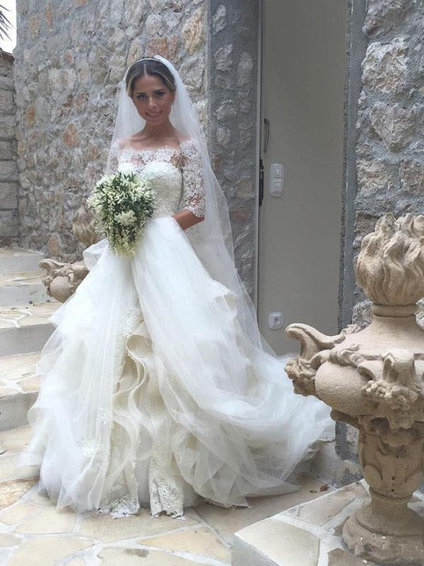 Elegant Wave Detail Half Sleeve Lace A-Line Wedding Dress