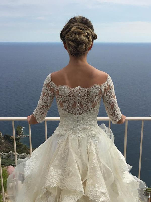 Elegant Wave Detail Half Sleeve Lace A-Line Wedding Dress