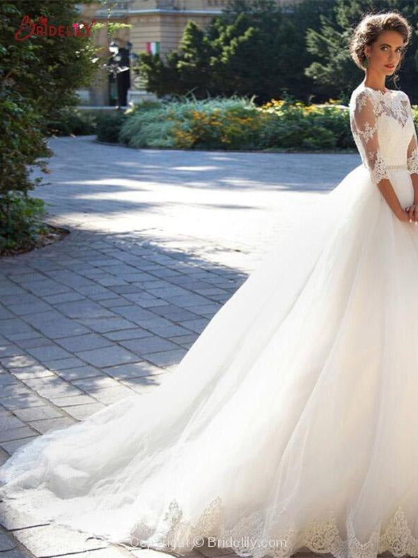 Gorgeous Half Sleeves Covered Button Ball Gown Wedding dresses