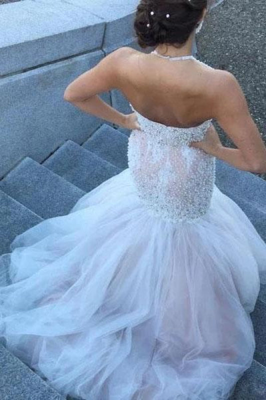 Gorgeous Halter Beading Beaded Backless Mermaid Wedding Dress