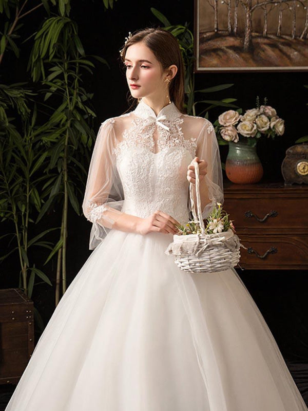 Gorgeous High Collar 3/4 Sleeve Lace-Up Ball Gown wedding Dresses