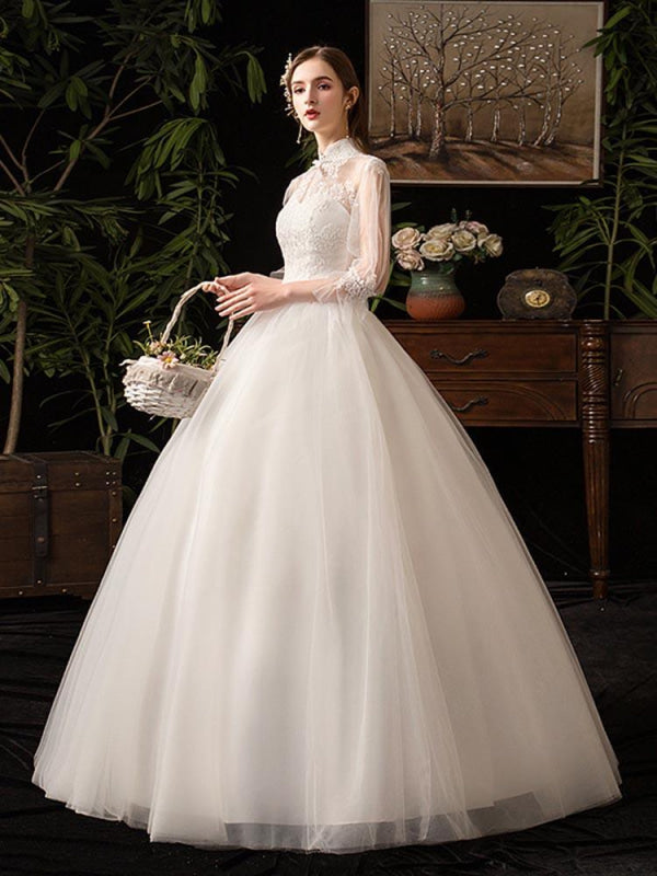 Gorgeous High Collar 3/4 Sleeve Lace-Up Ball Gown wedding Dresses