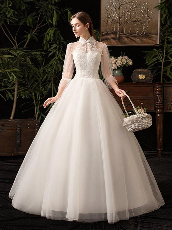 Gorgeous High Collar 3/4 Sleeve Lace-Up Ball Gown wedding Dresses