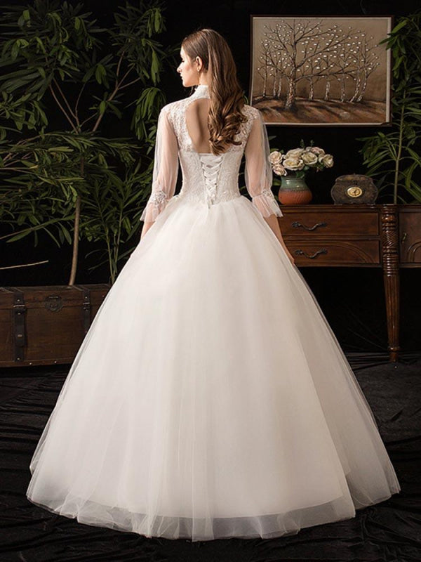 Gorgeous High Collar 3/4 Sleeve Lace-Up Ball Gown wedding Dresses