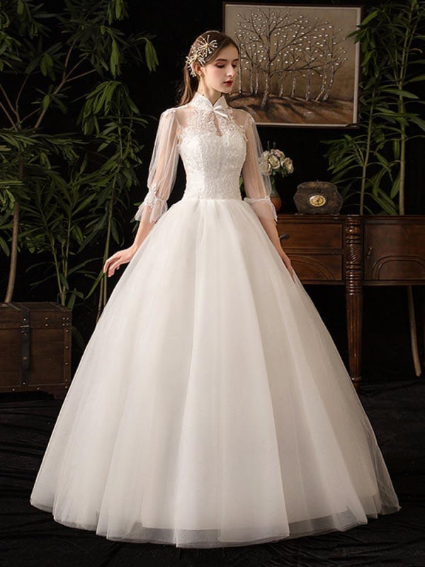 Gorgeous High Collar 3/4 Sleeve Lace-Up Ball Gown wedding Dresses