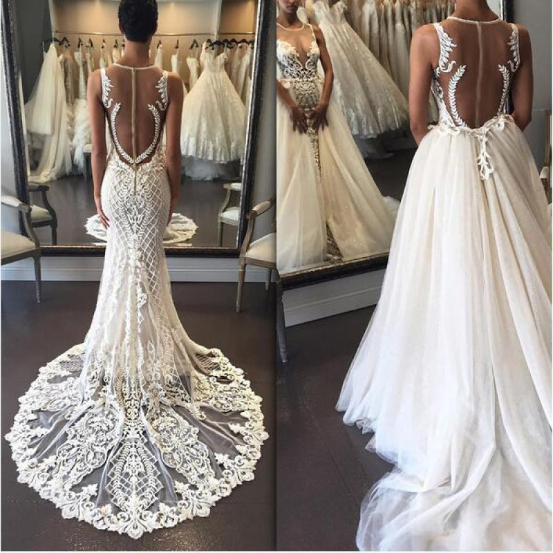 Gorgeous Illusion Tulle Detachable-Train Sleeveless Lace Applique Wedding Dress