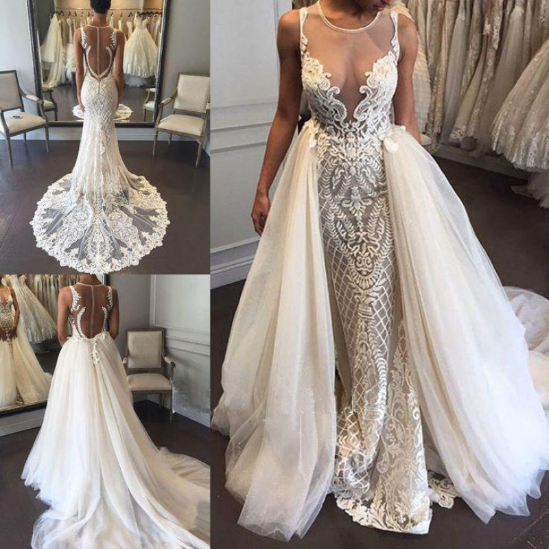 Gorgeous Illusion Tulle Detachable-Train Sleeveless Lace Applique Wedding Dress