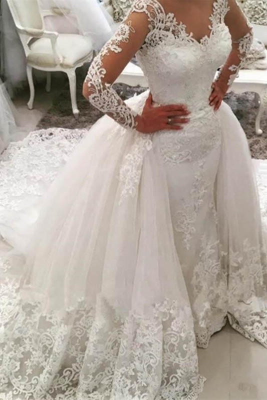 Gorgeous Ivory V-Neck Long Sleeves Appliques Watteau Train Wedding Dress